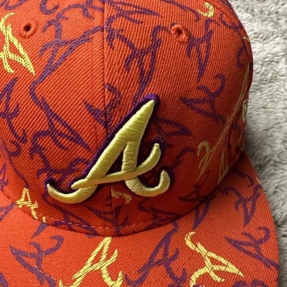 Atlanta Braves Hat New Era 59Fifty All Over Print Baseball Cap Orange 7 3/8 New - Picture 6 of 16